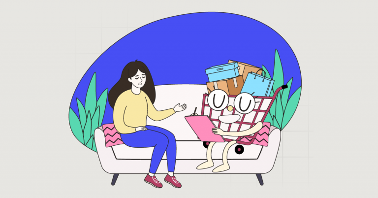 Illustration of a distressed woman on a couch talking to a shopping cart character holding a clipboard, representing therapy for shopping addiction.