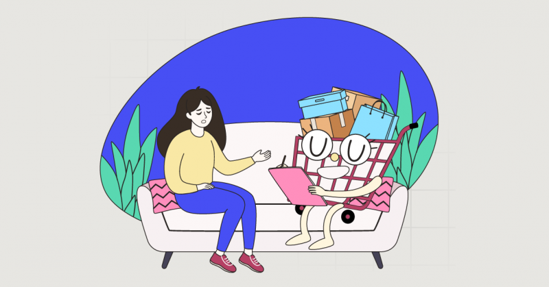 Illustration of a distressed woman on a couch talking to a shopping cart character holding a clipboard, representing therapy for shopping addiction.