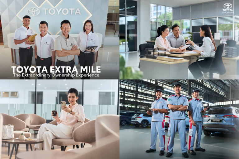Toyota Extra Mile campaign: Staff, technicians, and customers in showroom, lounge, and service center environments.