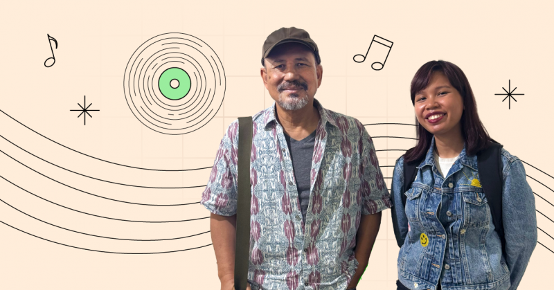 Two people smiling against illustrated music-themed background with notes and sound waves, representing shared love of music