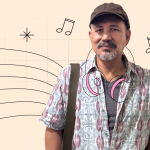 Man wearing headphones against illustrated music-themed background with notes and sound waves, representing listening to music