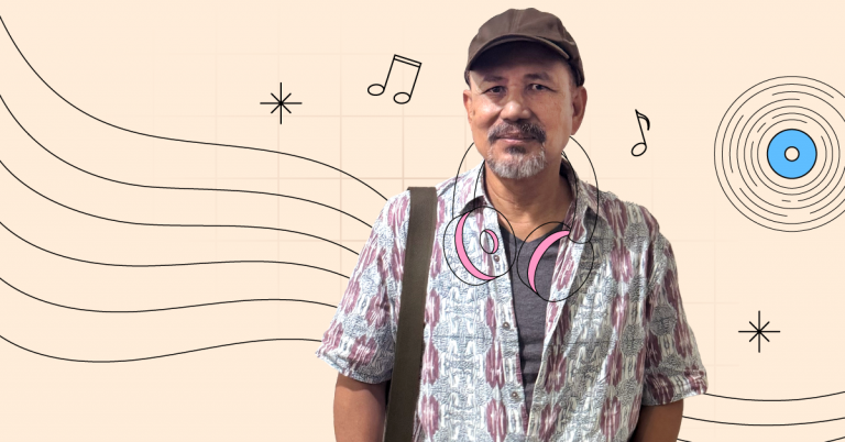 Man wearing headphones against illustrated music-themed background with notes and sound waves, representing listening to music