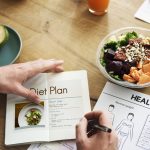 Person planning healthy diet with tablet, salad bowl, avocado, nuts and BMI chart on table, nutrition and weight loss concept
