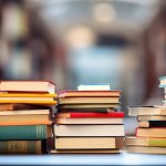 Stacks of books on a table in a library, representing education, studying, academic research and knowledge learning