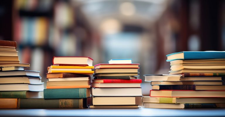 Stacks of books on a table in a library, representing education, studying, academic research and knowledge learning