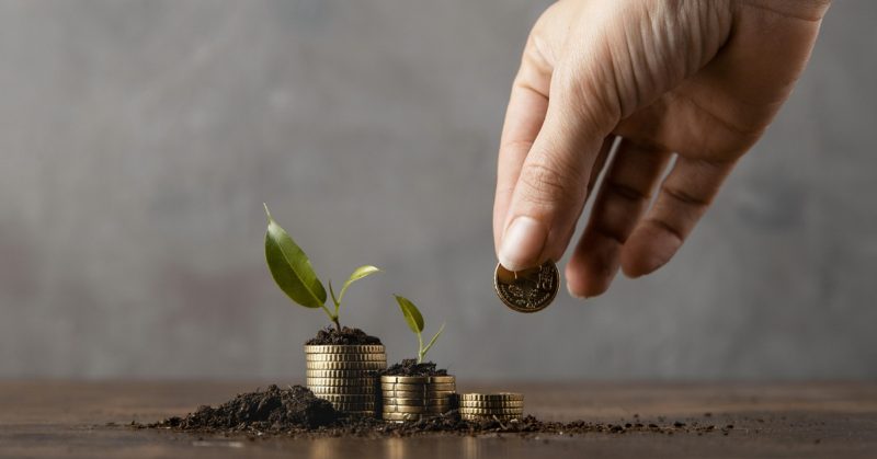 Hand placing coin on stack with growing plants, symbolising savings growth, investment returns and financial planning