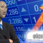 Stonks meme character in suit with rising stock market chart and upward arrow, symbolising bullish investing and gains