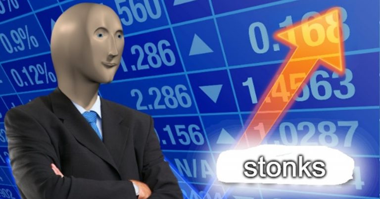 Stonks meme character in suit with rising stock market chart and upward arrow, symbolising bullish investing and gains
