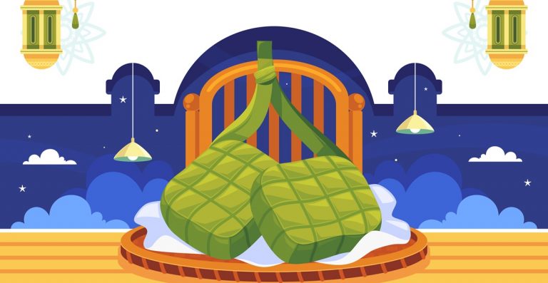 Illustration of ketupat rice dumplings for Ramadan and Hari Raya celebration with mosque and lantern background