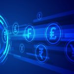 Digital global currencies flowing in fintech network with dollar, euro, yen and pound symbols on blue technology background