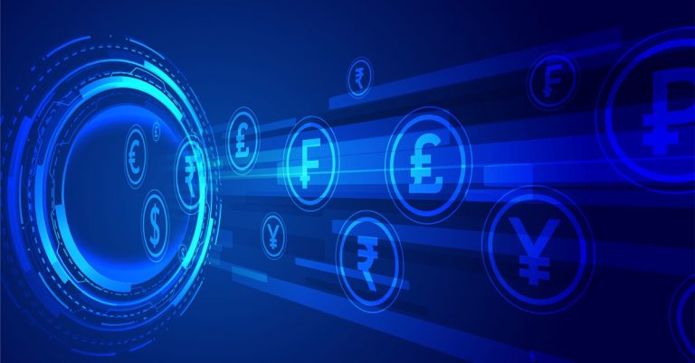 Digital global currencies flowing in fintech network with dollar, euro, yen and pound symbols on blue technology background