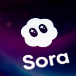 Sora AI app logo on smartphone screen with glowing purple background representing generative video technology and AI innovation