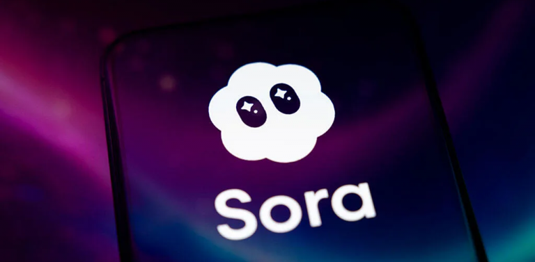 Sora AI app logo on smartphone screen with glowing purple background representing generative video technology and AI innovation