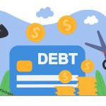 Illustration of person trapped in debt beside giant credit card while woman cuts financial burden with scissors and coins
