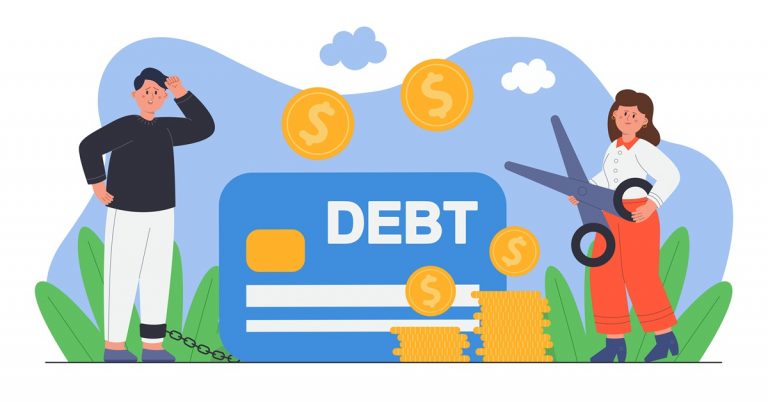Illustration of person trapped in debt beside giant credit card while woman cuts financial burden with scissors and coins