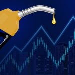 Fuel pump nozzle with rising market chart and city skyline, symbolizing increasing petrol prices and fuel costs economy
