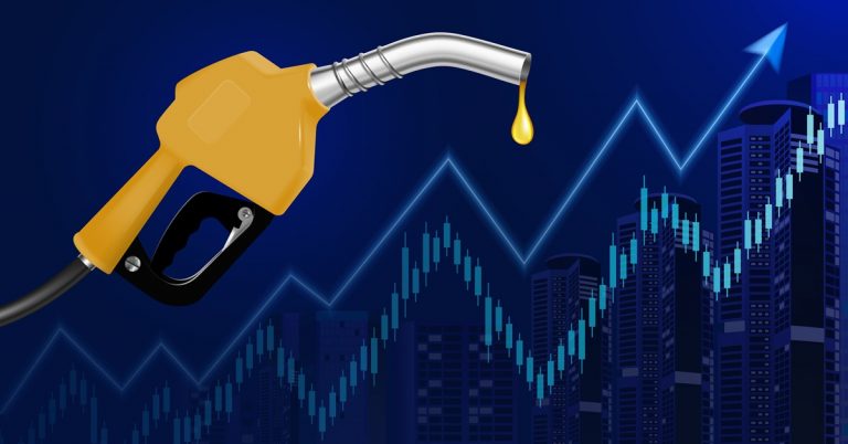Fuel pump nozzle with rising market chart and city skyline, symbolizing increasing petrol prices and fuel costs economy