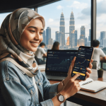 malaysian lady trading cryptocurrency using her phone and laptop