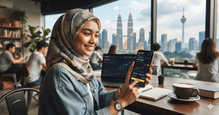 malaysian lady trading cryptocurrency using her phone and laptop