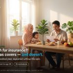 Young Malaysian family reading a MediAsas letter at the dining table — iMoney explainer on Malaysia's basic health insurance