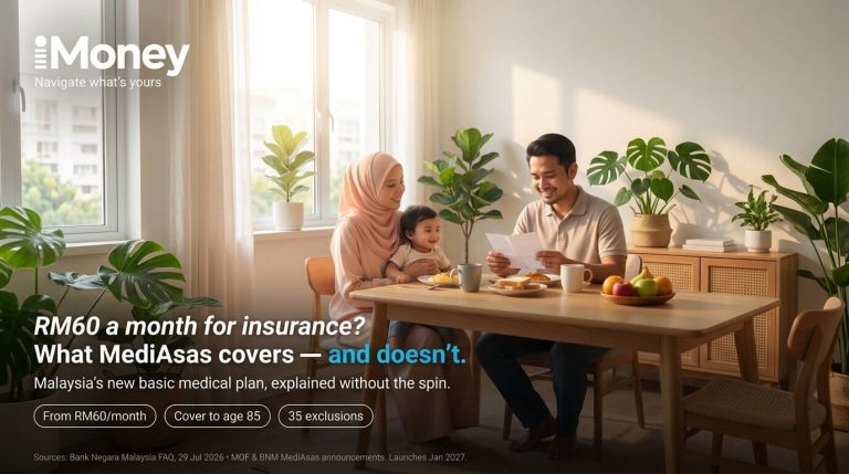 Young Malaysian family reading a MediAsas letter at the dining table — iMoney explainer on Malaysia's basic health insurance