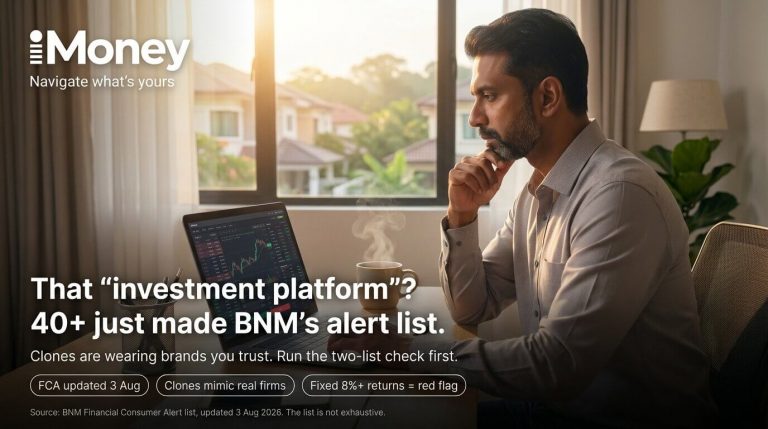 Malaysian investor reviewing a trading platform late at night — iMoney guide to BNM's Financial Consumer Alert list update