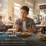 Malaysian man checking his Maybank Grab card and phone at a mamak — iMoney guide to the card's 7 September retirement