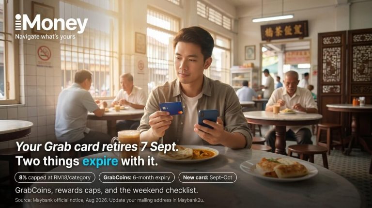 Malaysian man checking his Maybank Grab card and phone at a mamak — iMoney guide to the card's 7 September retirement