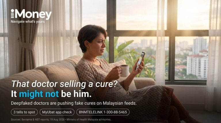 Malaysian woman spotting a deepfake doctor video on her phone at night — iMoney deepfake scam guide