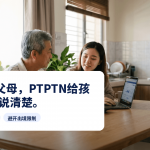 一位父亲拿着SSPN存折，与他手持电脑的大学毕业女儿坐在马来西亚家庭的餐桌旁，iMoney PTPTN与SSPN指南