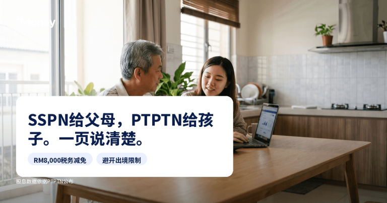 一位父亲拿着SSPN存折，与他手持电脑的大学毕业女儿坐在马来西亚家庭的餐桌旁，iMoney PTPTN与SSPN指南