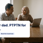 Father with SSPN passbook and graduate daughter with laptop at a Malaysian family table, iMoney PTPTN and SSPN guide