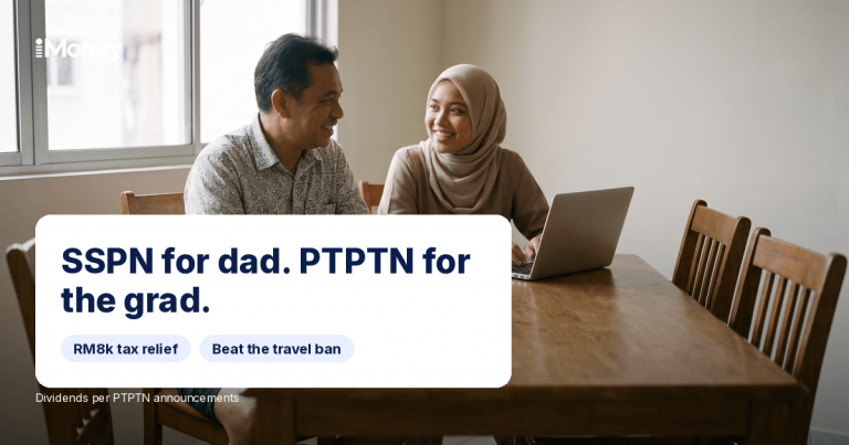 Father with SSPN passbook and graduate daughter with laptop at a Malaysian family table, iMoney PTPTN and SSPN guide