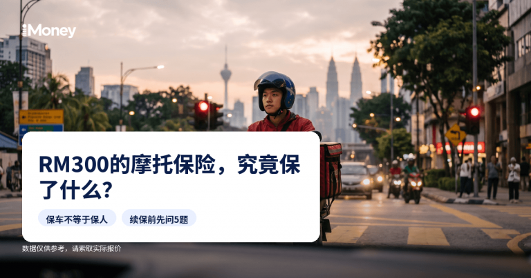 拂晓时分，一名外卖骑手骑着小型摩托车停在吉隆坡的红绿灯前，身上背着保温外卖包，iMoney摩托车保险指南