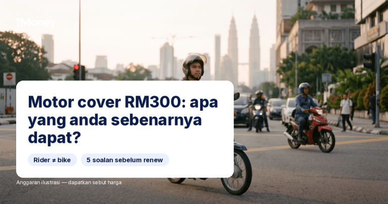 Penunggang penghantaran di atas motosikal kapcai di lampu isyarat KL pada waktu fajar bersama beg terma, panduan insurans motosikal iMoney
