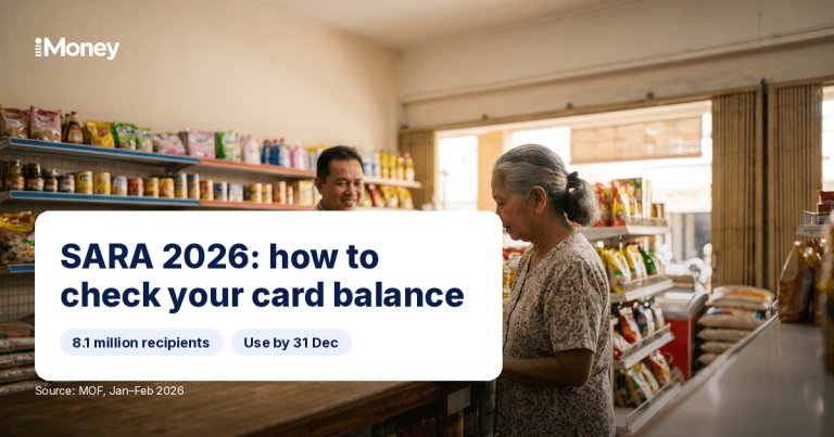 An aunty checking her MyKasih card balance at a grocery store terminal in the morning, iMoney SARA 2026 guide