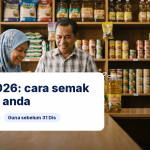 Makcik menyemak baki kad MyKasih di terminal kedai runcit pada waktu pagi, panduan SARA 2026 iMoney