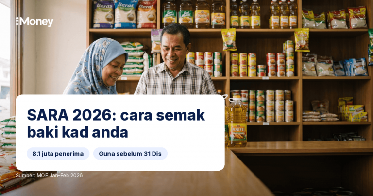 Makcik menyemak baki kad MyKasih di terminal kedai runcit pada waktu pagi, panduan SARA 2026 iMoney