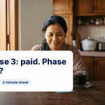 Malaysian mother checking her STR payment status on her phone at a morning kitchen table, iMoney STR 2026 hub