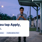 Young man at an early morning bus stop hesitating to tap a loan ad on his phone, iMoney safe lending guide