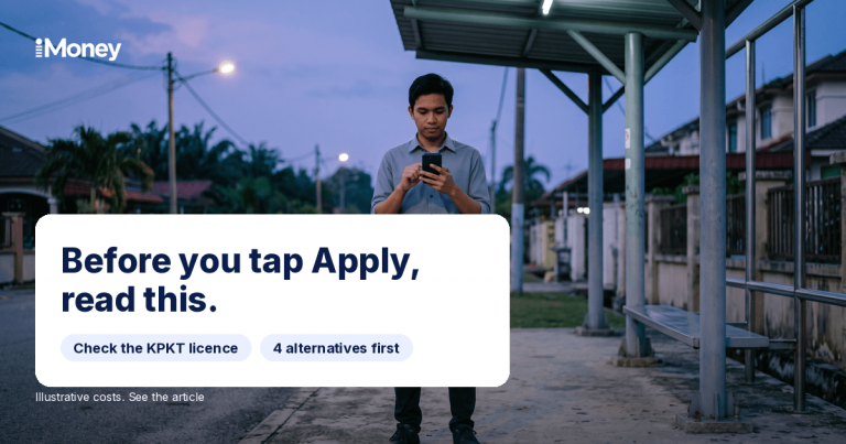 Young man at an early morning bus stop hesitating to tap a loan ad on his phone, iMoney safe lending guide