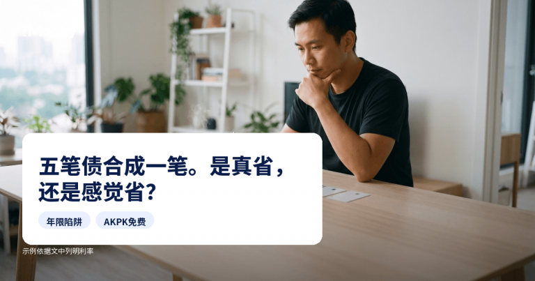 一名马来西亚男子坐在整洁的书桌前，五张信用卡摆在一份债务整合文件旁，iMoney债务整合指南