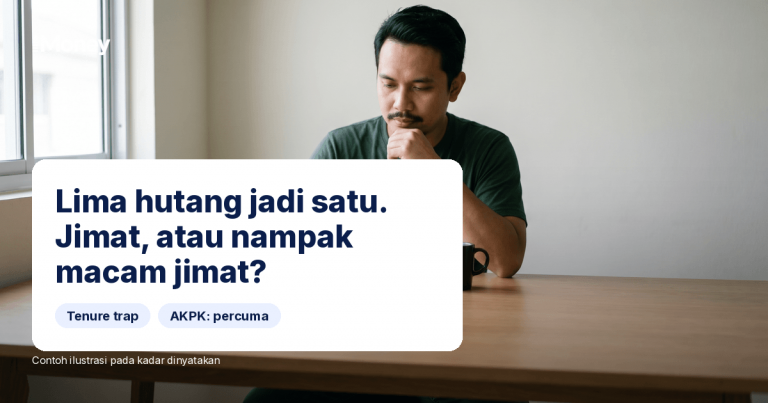Lelaki Malaysia di meja yang kemas dengan lima kad kredit di sebelah satu dokumen penyatuan hutang, panduan penyatuan hutang iMoney