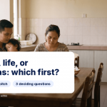 Young Malaysian family at breakfast reviewing an insurance folder, father holding toddler, iMoney protection priority guide