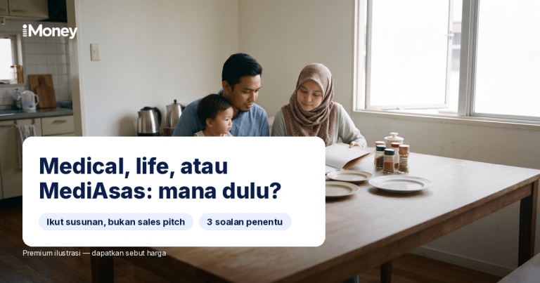 Keluarga muda Malaysia di meja makan pagi sedang menyemak fail insurans, bapa memegang anak kecil, panduan keutamaan perlindungan iMoney