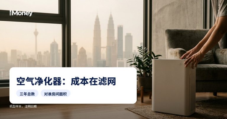 窗边的空气净化器，背景为城市天际线，图上有文字：空气净化器：滤网才是主要成本。
