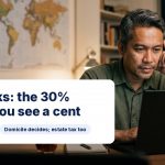 Man using a laptop at home with text: US stocks: the 30% before you see a cent.