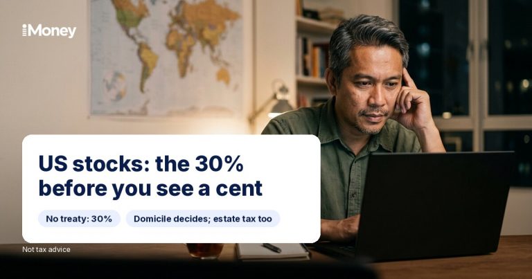 Man using a laptop at home with text: US stocks: the 30% before you see a cent.