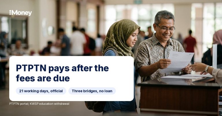 Student and parent submitting documents with text: PTPTN pays after the fees are due.