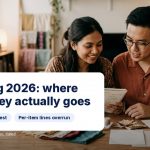 Couple planning budget together with text: Wedding 2026: where the money actually goes.